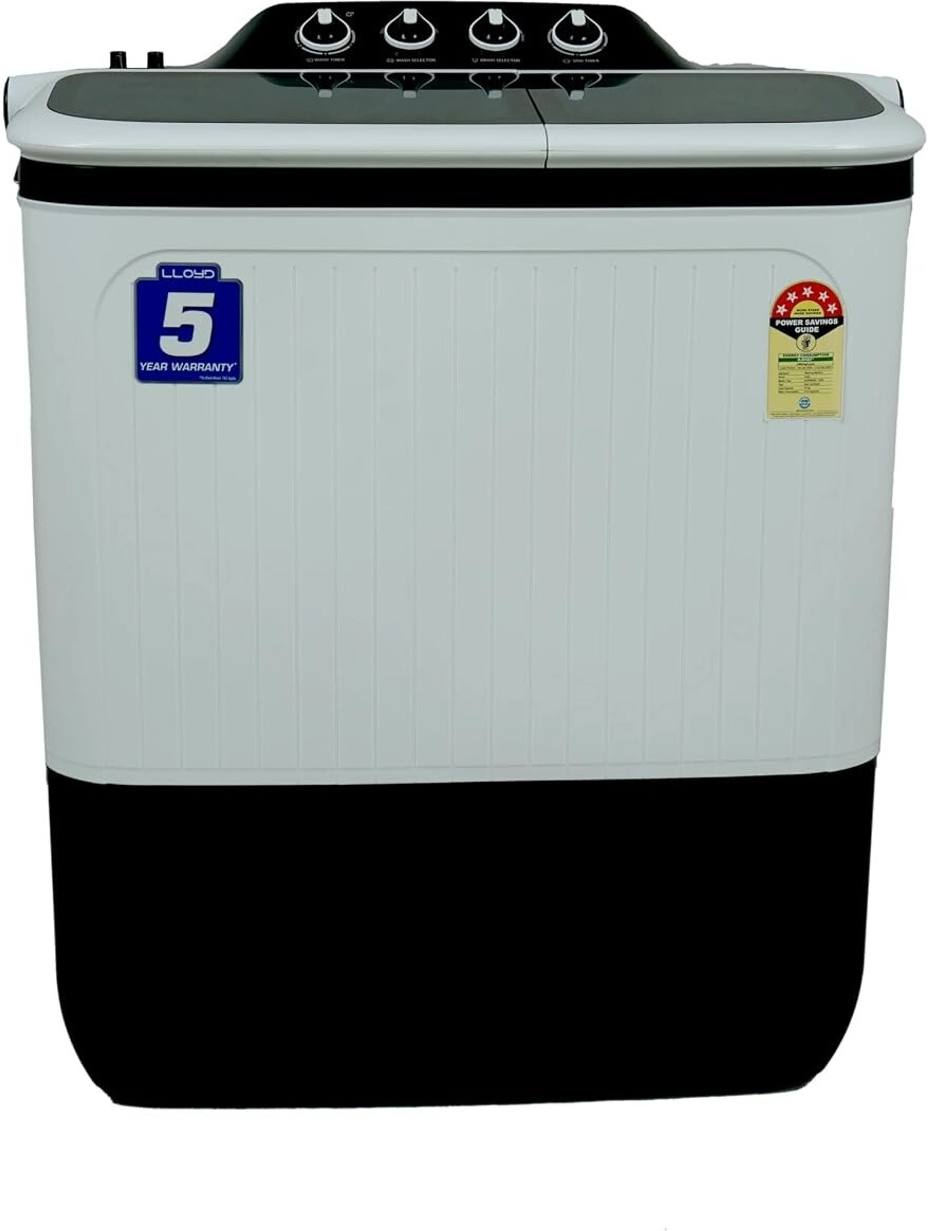 Lloyd 5 Year Warranty Semi-Automatic Top Load Washing Machine GLWS805ELDDG, 4 Wash Programmes, Black and White
